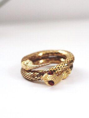 Vintage Gold Coiled Snake Wrap Bracelet Mesh Red Eyes Mid Century Costume Jewelr